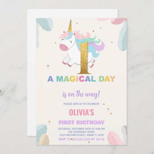 1e Verjaardag Eenhoorn Verjaardag Uitnodigingen (Voorkant / Achterkant)