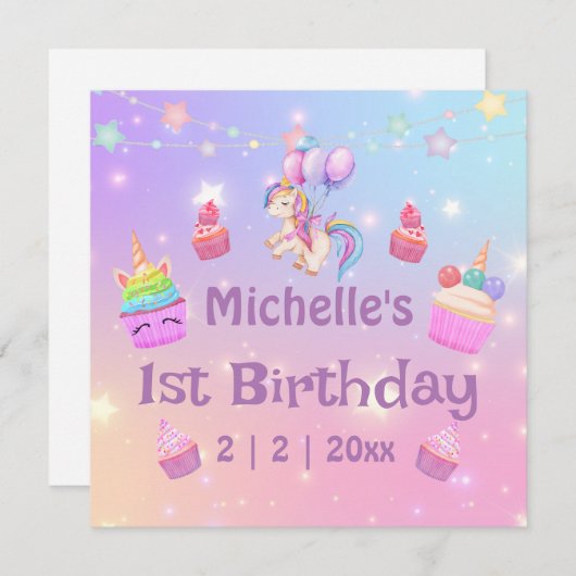 1e verjaardag eenhoorns cupcakes girly leuke kaart (Voorkant / Achterkant)