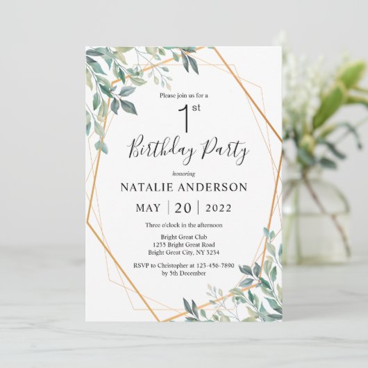1e verjaardag Elegant Eucalyptus Greenery en Gold Kaart (Staand voorkant)