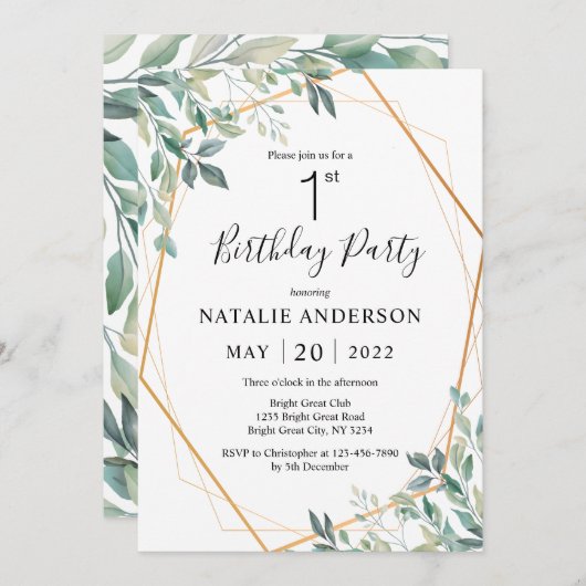 1e verjaardag Elegant Eucalyptus Greenery en Gold Kaart (Voorkant / Achterkant)