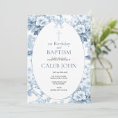 1e verjaardag en doop voor Boy Blue Toile Kaart (Staand voorkant)