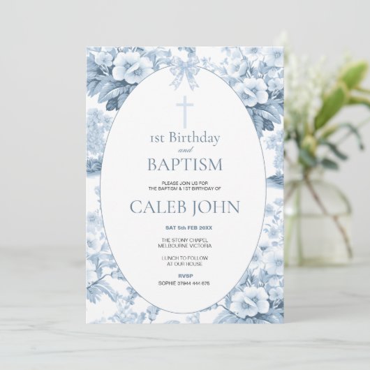 1e verjaardag en doop voor Boy Blue Toile Kaart (Staand voorkant)