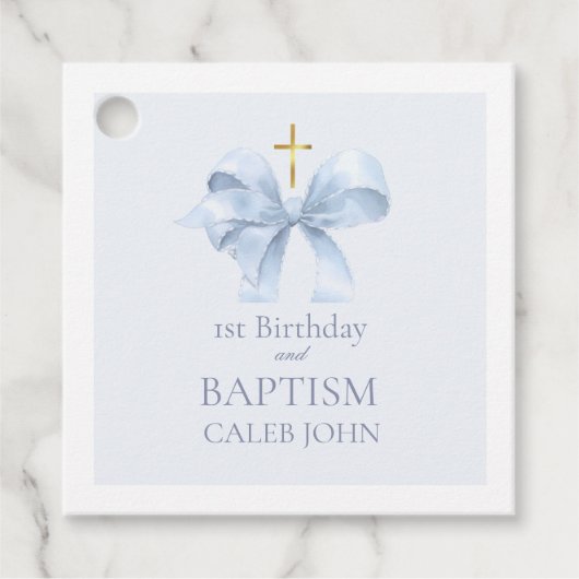 1e Verjaardag en Doopsel Cadeau Label- Blue Bow Bedankjes Labels (Voorkant)