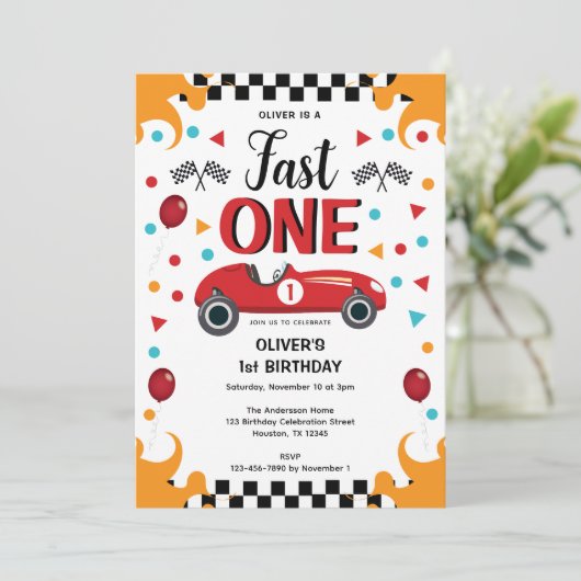 1e verjaardag Fast One Racing Car Party uitnodigin Kaart (Staand voorkant)