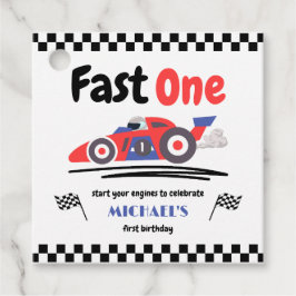 1e verjaardag Fast One Red Blue Race Car Bedankjes Labels