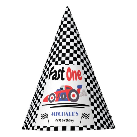 1e verjaardag Fast One Red Blue Race Car Feesthoedjes (Voorkant)