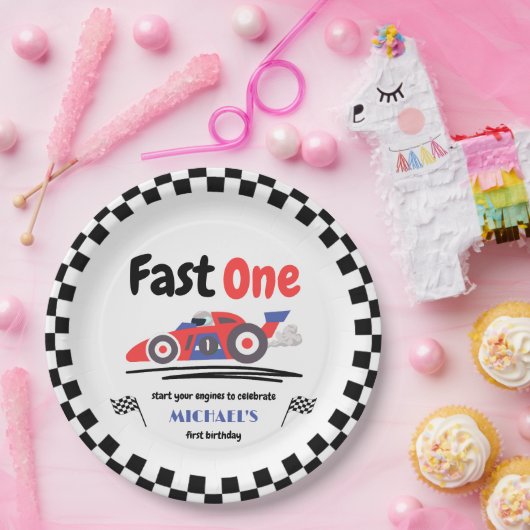 1e verjaardag Fast One Red Blue Race Car Papieren Bordje (Feest)