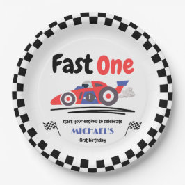 1e verjaardag Fast One Red Blue Race Car Papieren Bordje