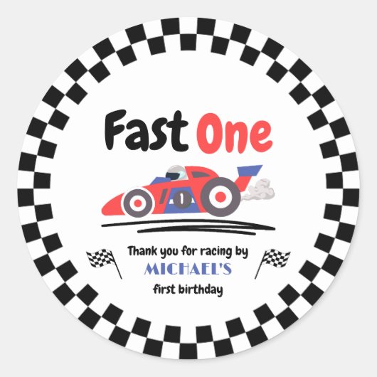 1e verjaardag Fast One Red Blue Race Car Ronde Sticker (Voorkant)