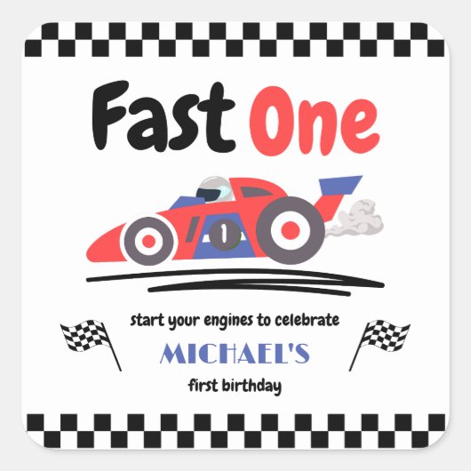 1e verjaardag Fast One Red Blue Race Car Vierkante Sticker (Voorkant)