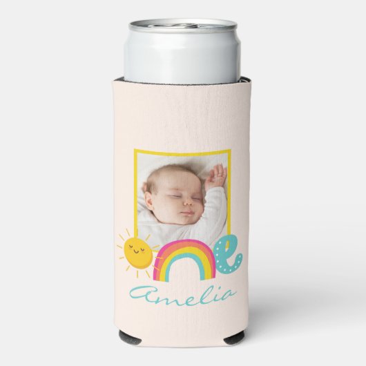 1e verjaardag Favor Custom Foto & Name Rainbow One Seltzer Blikjeskoeler (Seltzer Achterkant)