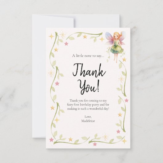 1e verjaardag Floral Fairy Flat Dank u kaart (Voorkant)