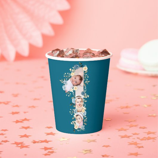 1e verjaardag Foto Collage Blue Yellow Flower Blau Papieren Bekers (Insitu)