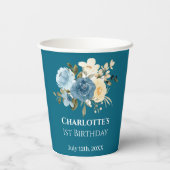 1e verjaardag Foto Collage Blue Yellow Flower Blau Papieren Bekers (Achterkant)