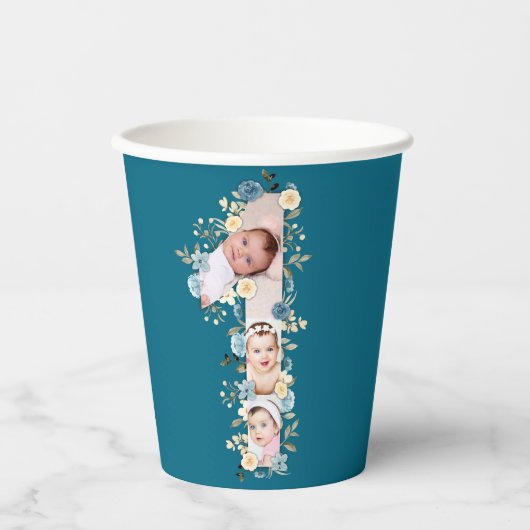 1e verjaardag Foto Collage Blue Yellow Flower Blau Papieren Bekers (Voorkant)