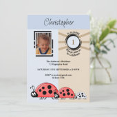 1e verjaardag foto ladybugs blauw bruin kaart (Staand voorkant)