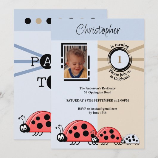 1e verjaardag foto ladybugs blauw bruin kaart (Voorkant / Achterkant)