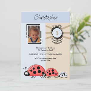 1e verjaardag foto ladybugs blauw bruin kaart