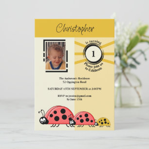 1e verjaardag foto ladybugs gouden crème kaart