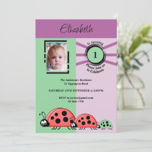 1e verjaardag foto ladybugs groen paars kaart