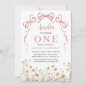 1e Verjaardag Foto Roze Coquette Bow Wildflower Kaart (Voorkant)