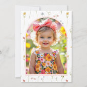 1e verjaardag foto wilde bloem roze coquette strik kaart (Achterkant)