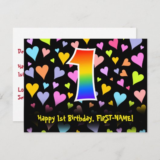 1e verjaardag: Fun Hearts-patroon, Regenboog 1 Briefkaart (Voorkant / Achterkant)