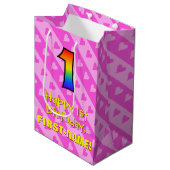 1e verjaardag: Fun Pink Hearts Stripes & Rainbow 1 Medium Cadeauzakje (Voorkant Gekanteld)