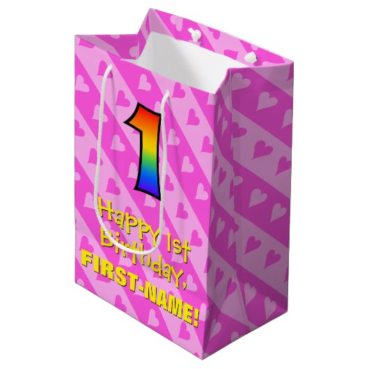 1e verjaardag: Fun Pink Hearts Stripes & Rainbow 1 Medium Cadeauzakje (Voorkant Gekanteld)