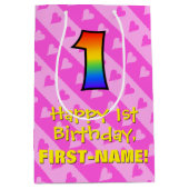 1e verjaardag: Fun Pink Hearts Stripes & Rainbow 1 Medium Cadeauzakje (Voorkant)