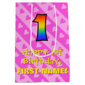 1e verjaardag: Fun Pink Hearts Stripes & Rainbow 1 Medium Cadeauzakje (Achterkant)
