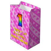 1e verjaardag: Fun Pink Hearts Stripes & Rainbow 1 Medium Cadeauzakje (Achterkant Gekanteld)
