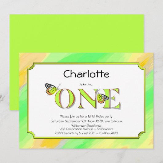 1e verjaardag Geel en Groen met Stripes Kaart (Voorkant / Achterkant)