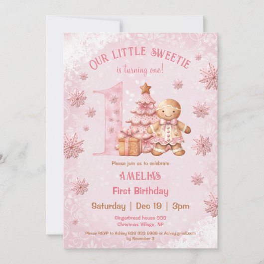 1e verjaardag Gingerbread Man Meisje Roze Kerstmis Kaart (Voorkant)
