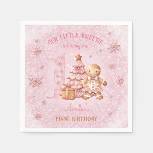 1e verjaardag Gingerbread Man Meisje Roze Kerstmis Servet (Voorkant)