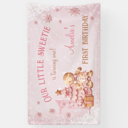 1e verjaardag Gingerbread Man Meisje Roze Kerstmis Spandoek (Verticaal)