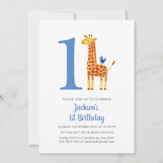 1e Verjaardag Giraffe & Bird Striped Party Kaart (Voorkant)