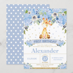1e verjaardag Giraffe Blue Floral Kaart
