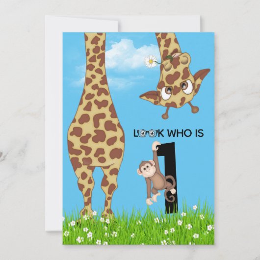1e verjaardag Giraffe en aap in het gras Kaart (Voorkant)