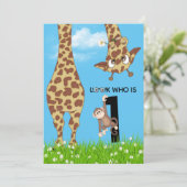 1e verjaardag Giraffe en aap in het gras Kaart (Staand voorkant)