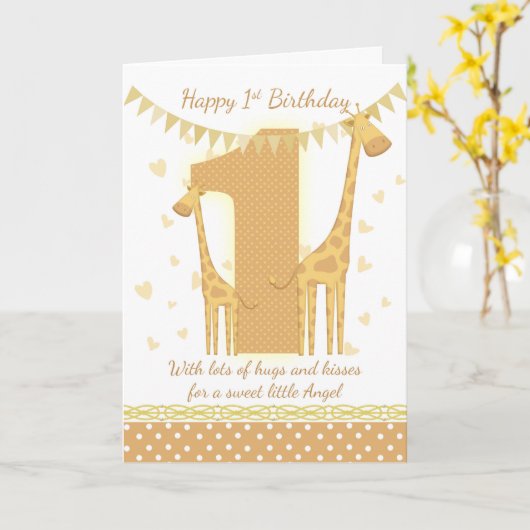 1e verjaardag Giraffe Kaart, baby's 1e Kaart (Gele Bloem)