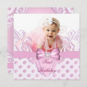 1e verjaardag Girl Pink White Bow Afbeelding Kaart (Voorkant / Achterkant)