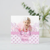 1e verjaardag Girl Pink White Bow Afbeelding Kaart (Staand voorkant)