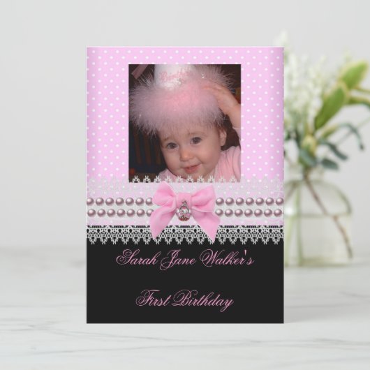 1e verjaardag Girl Pink White Pearl Foto First 2 Kaart (Staand voorkant)