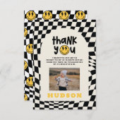 1e verjaardag glimlach gezicht retro zwart wit gro bedankkaart (Voorkant / Achterkant)