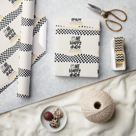 1e verjaardag glimlach gezicht retro zwart wit gro cadeaupapier (Crafts)