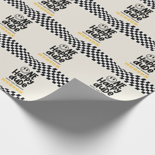 1e verjaardag glimlach gezicht retro zwart wit gro cadeaupapier (Hoek)