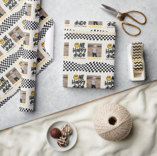 1e verjaardag glimlach gezicht retro zwart wit gro cadeaupapier