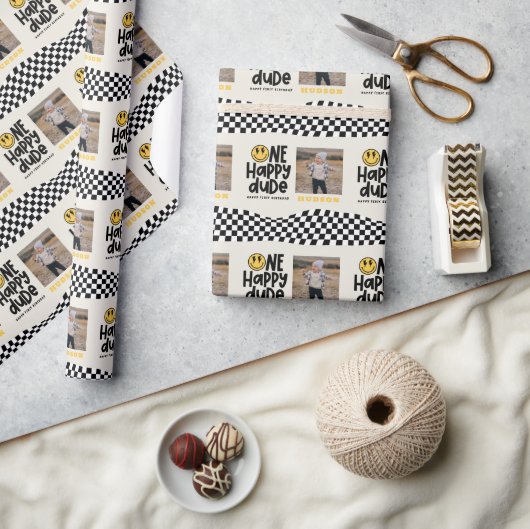 1e verjaardag glimlach gezicht retro zwart wit gro cadeaupapier (Crafts)