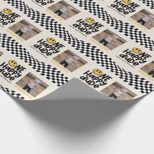 1e verjaardag glimlach gezicht retro zwart wit gro cadeaupapier (Hoek)